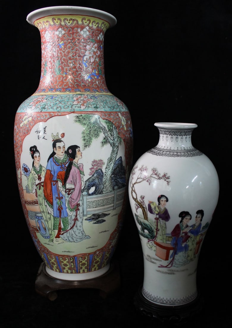 ESTATE OF DENNIS P. RODANO: TWO 20C CHINESE VASES ON STANDS, ONE ROSE FAMILLE (HAS CRACK AND: ESTATE OF DENNIS P. RODANO: TWO 20C CHINESE VASES ON STANDS, ONE ROSE FAMILLE (HAS CRACK AND REPAIR), ONE LADIES BY TREE, 19 X 8 LARGEST