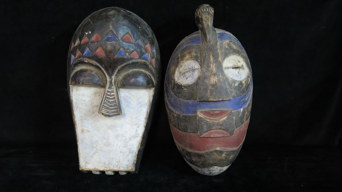 TWO AFRICAN POLYCHROME MASKS, 12.75 X 7.5 X 7 LARGEST (1 of 10)