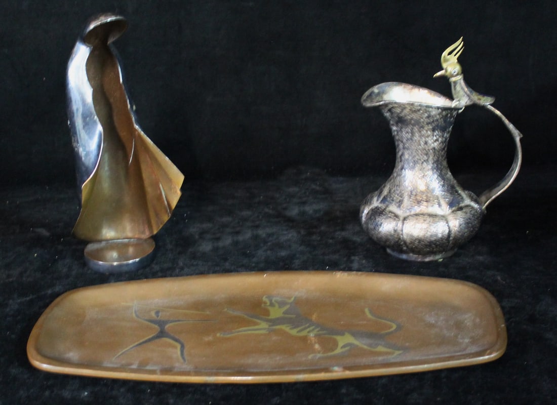 THREE LOS CASTILLO SILVERPLATE AND  COPPER PIECES, INC.. VIRGIN MARY AND SPEAR HUNTER, 6.5 X 14 X .5 (1 of 16)