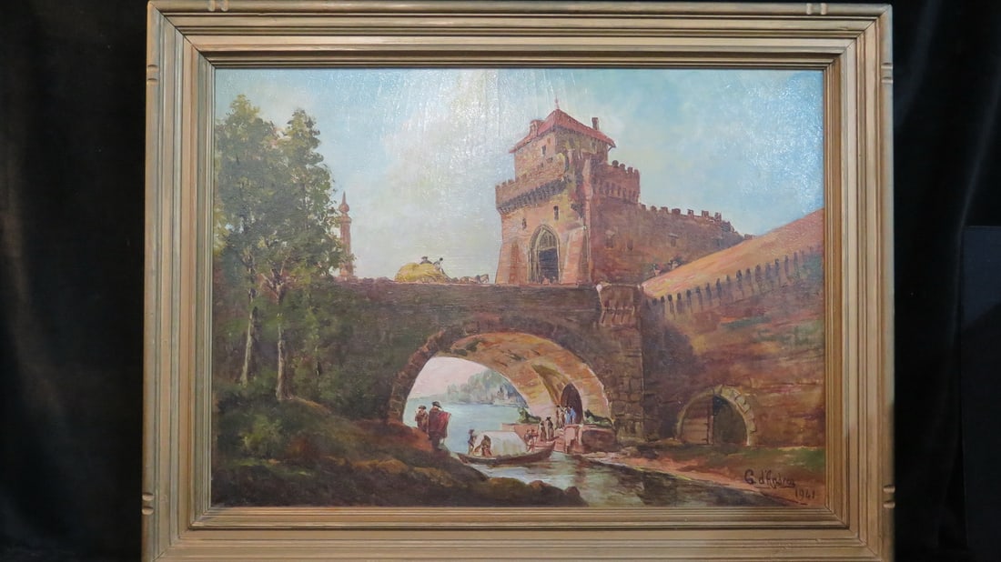 ESTATE OF DENNIS P. RODANO:  OIL ON CANVAS,  LANDSCAPE WITH RIVER, BOAT, AND CASTLE, G. D'ANDREA (1 of 8)