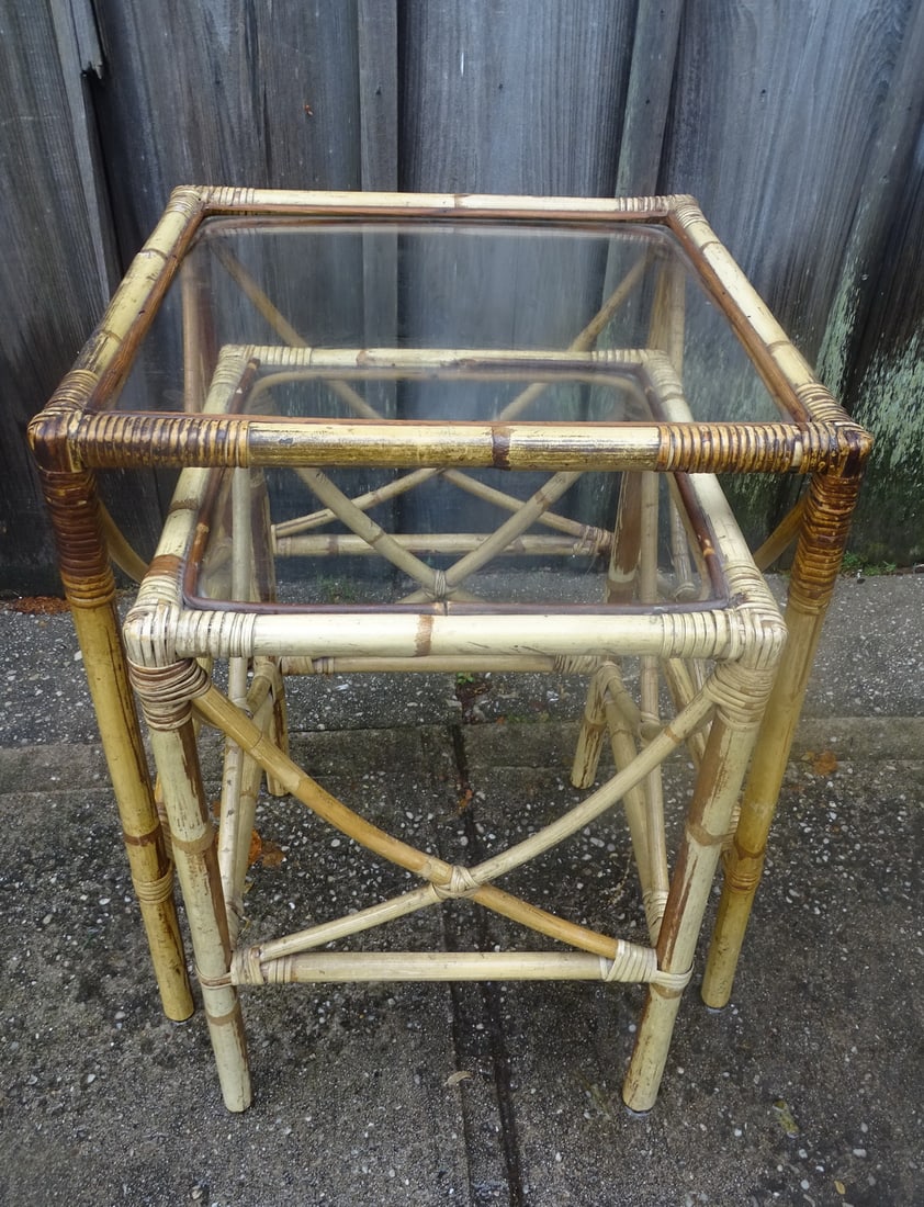 ESTATE OF DENNIS P. RODANO: TWO BAMBOO GLASS TOP NESTING TABLES, 24" X 20" X 20" (1 of 9)