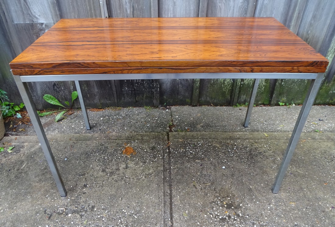 MID CENTURY CHROME & EXOTIC MACASSAR FOLD OVER TABLE, 29.5" X 44" X 22," OPEN TO 44": MID CENTURY CHROME & EXOTIC MACASSAR FOLD OVER TABLE, 29.5" X 44" X 22," OPEN TO 44"