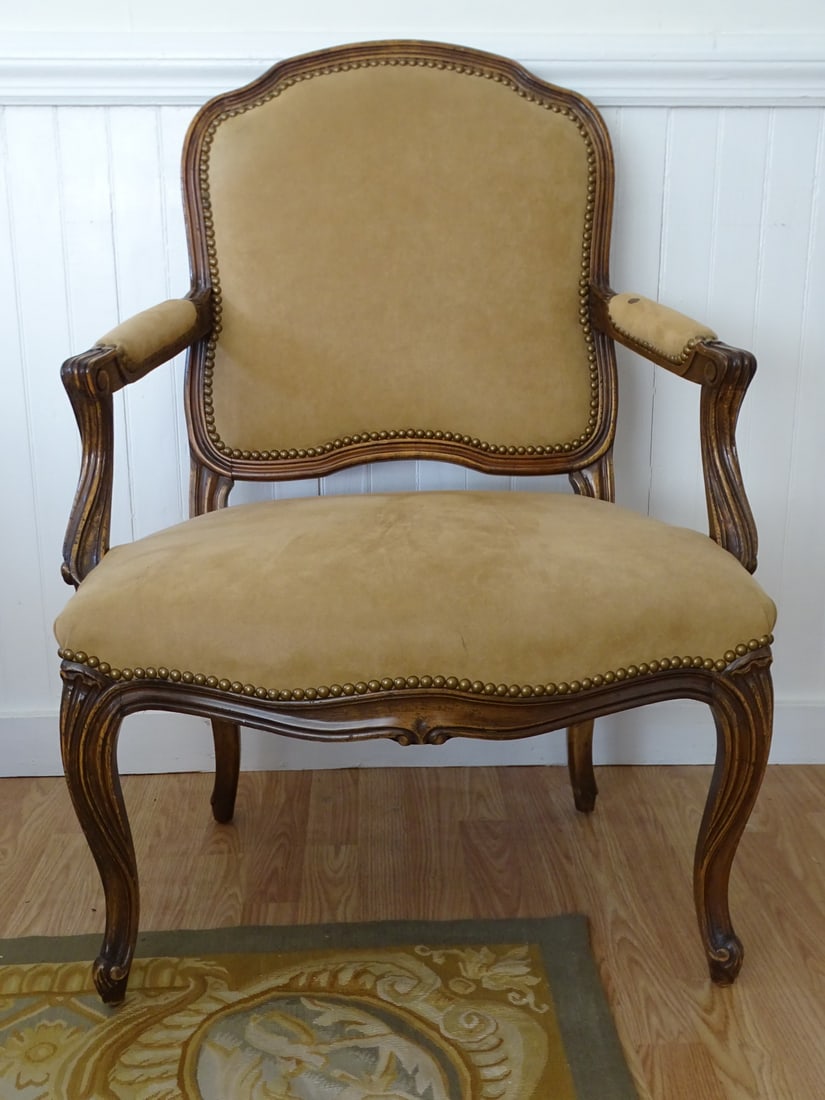 LOUIS XV STYLE SUEDE UPHOLSTERED FAUTEIUL 38" X 27" X 26": LOUIS XV STYLE SUEDE UPHOLSTERED FAUTEIUL 38" X 27" X 26"