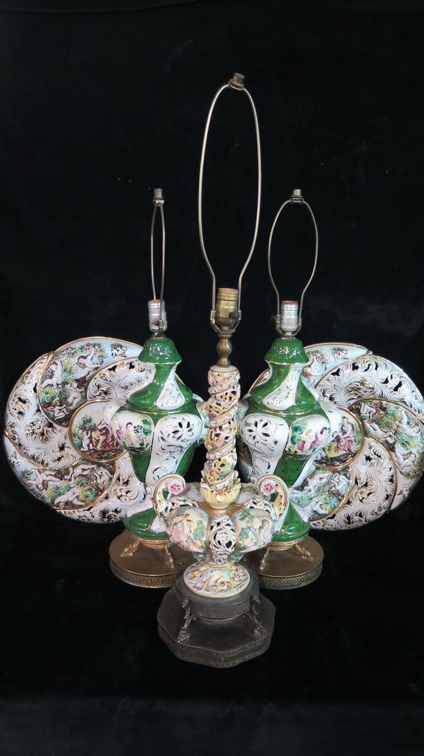 3 CAPODIMONTE LAMPS, TALLEST IS 36 1/2", TWO CHARGERS ARE 19" (1 of 17)