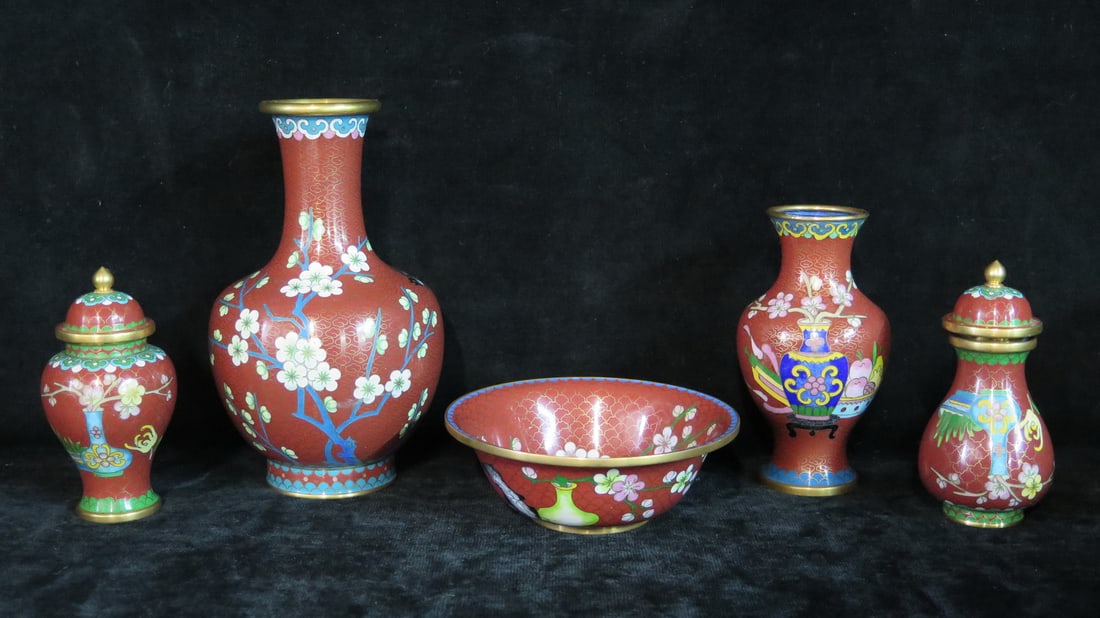 5 CLOISONNE ITEMS INC. VASE AND BOWL LARGEST IS 7" X 4" (1 of 7)