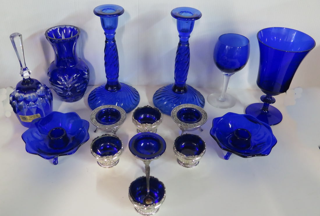 GROUP OF COBALT GLASS ITEMS INC. CANDLESTICKS 8" X 4 1/2" (1 of 10)