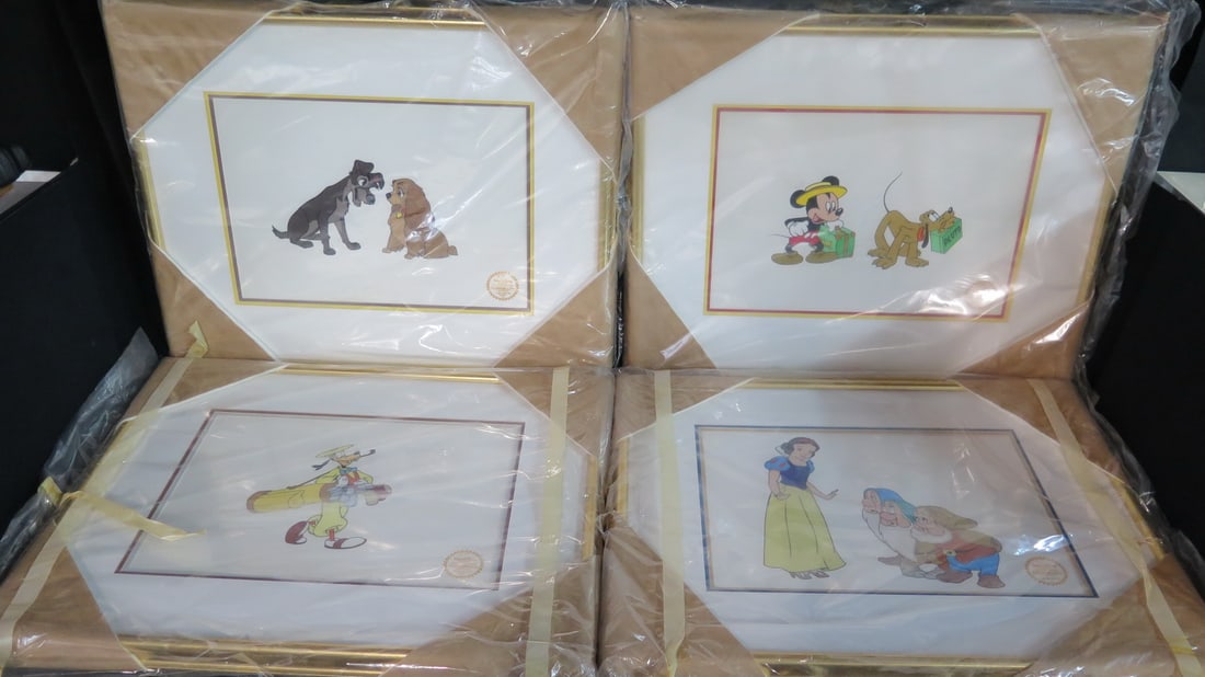 GROUP OF 4 DISNEY SERIGRAPH CELLS SEALED IN ORIGINAL PLASTIC 17 1/2" HIGH X 21" WIDE, IMAGE IS 9: GROUP OF 4 DISNEY SERIGRAPH CELLS SEALED IN ORIGINAL PLASTIC 17 1/2" HIGH X 21" WIDE, IMAGE IS 9 1/4" X 13 1/2"