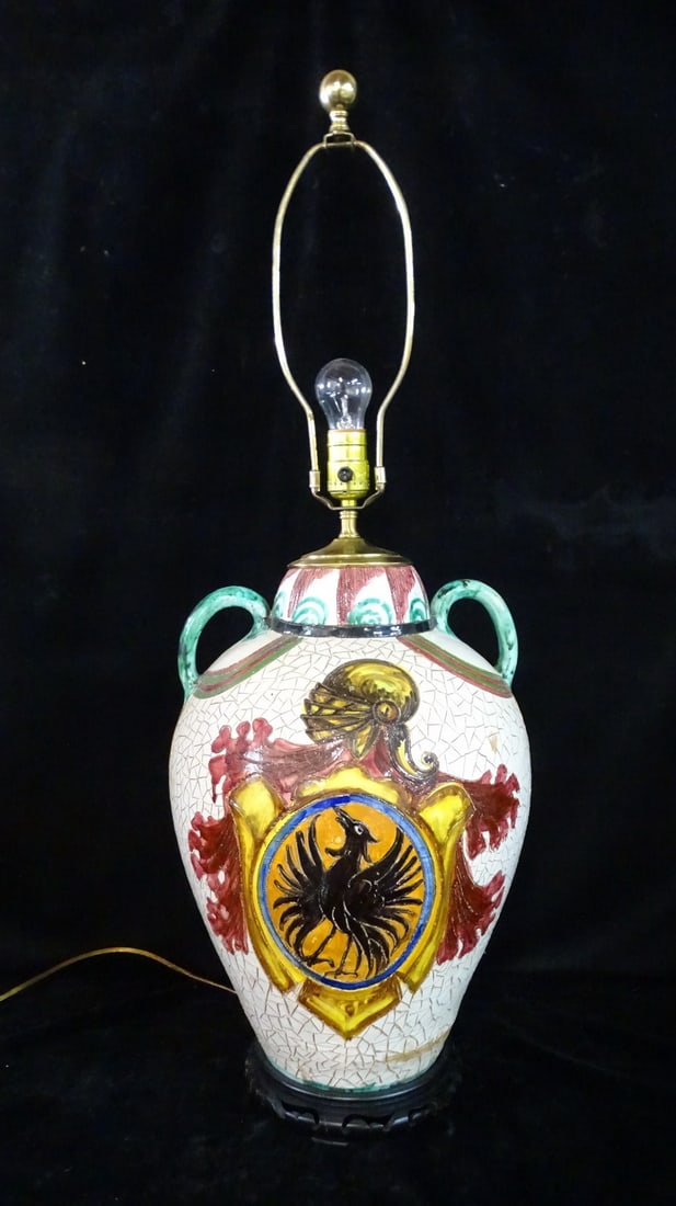 ESTATE OF DENNIS P. RODANO:  GLAZED POTTERY TWO HANDLED VESSEL FORM LAMP, 34"H (1 of 12)