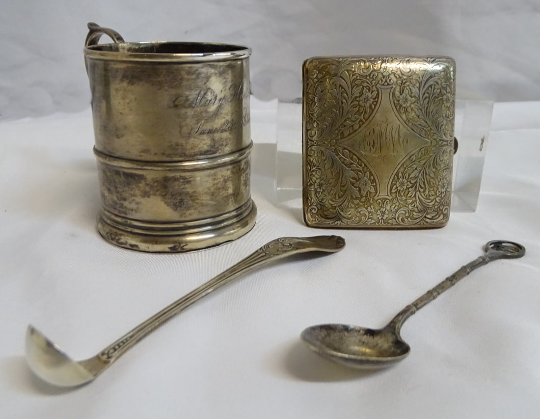 GROUP OF 4 STERLING SILVER INCLUDING CIGARETTE CASE AND ANTIQUE W. ADAMS CUP (7.61 OZT) (1 of 20)
