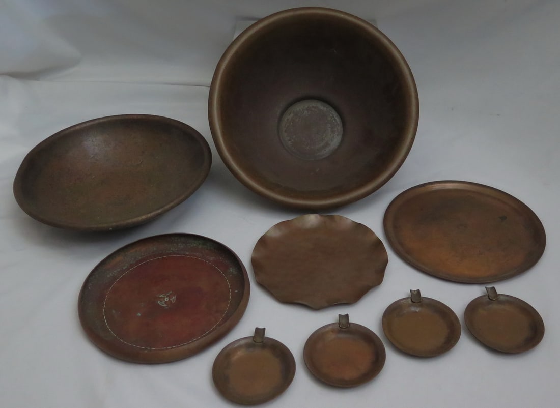 NINE COPPER ROYCROFT ITEMS, INC. FLUTED AND ASHTRAYS 4.5 X 9" DIA. (1 of 20)