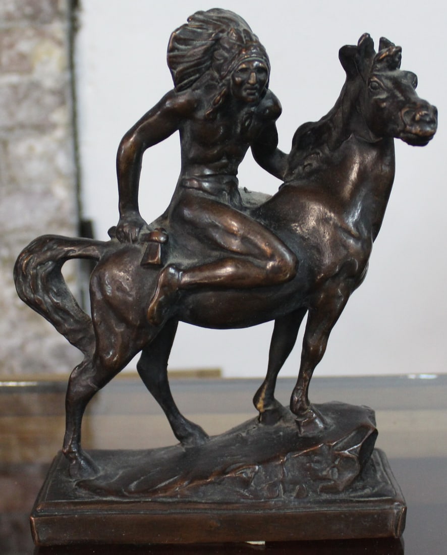 PAUL HERZEL (1876-1956) NATIVE AMERICAN ON HORSEBACK, BRONZE 9 X 6.5 X 2.75 (1 of 7)
