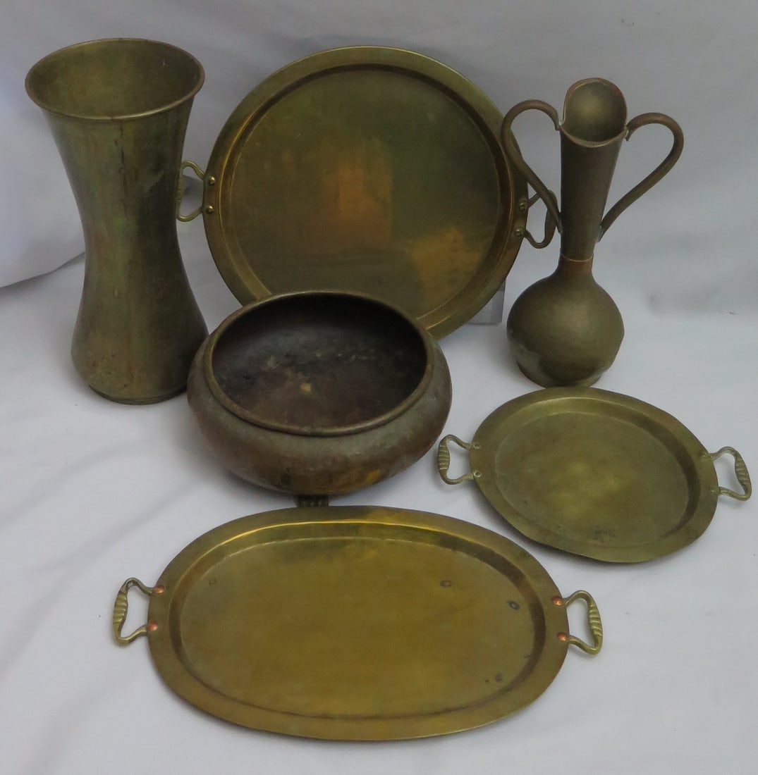 RUSSIAN BRASS AND COPPER SAMOVAR TRAYS, VASES, 6 PCS TOTAL 11.75 X 5.5 DIA. (1 of 18)