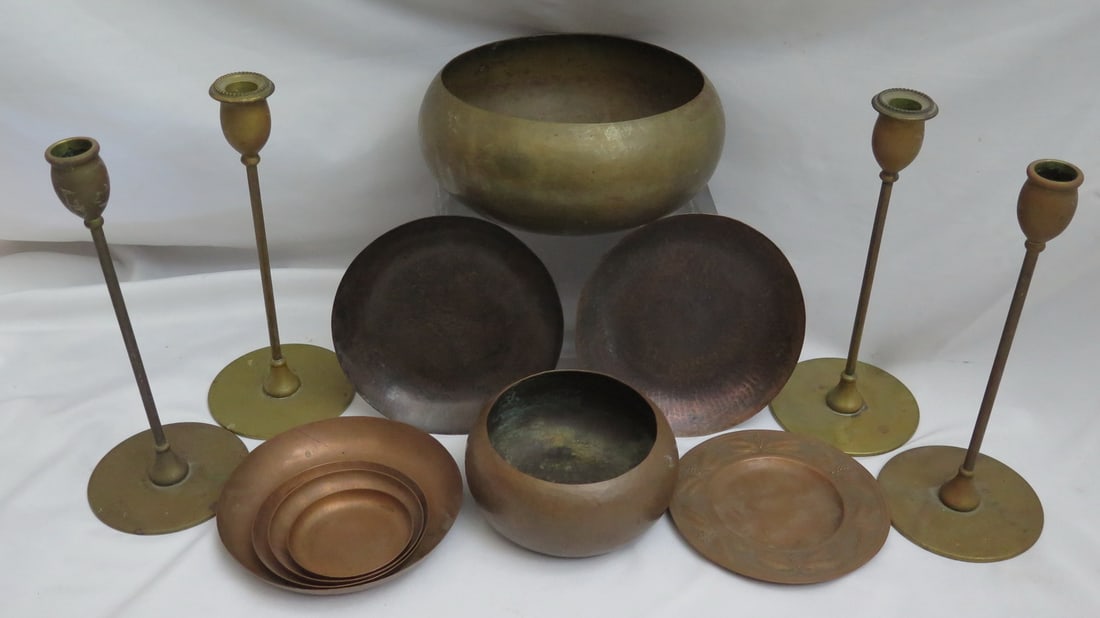 NICE GROUP OF JARVIE COPPER AND BRONZE ITEMS INC.. BOWLS AND CANDLESTICKS, 4.5 X 9 (1 of 16)