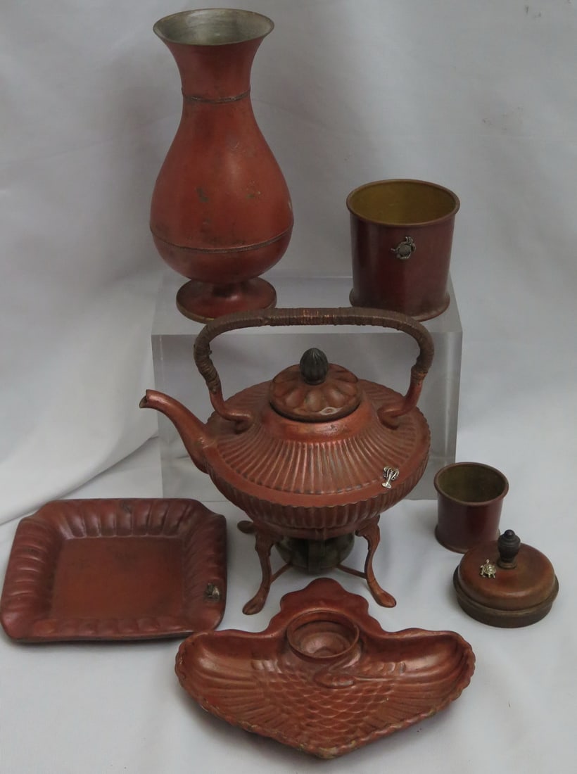 GROUP OF RUSSET ENAMELED GORHAM PIECES, INC. TEAPOT WITH WARMER 8 X 6 X 9 LARGEST: GROUP OF RUSSET ENAMELED GORHAM PIECES, INC. TEAPOT WITH WARMER 8 X 6 X 9 LARGEST