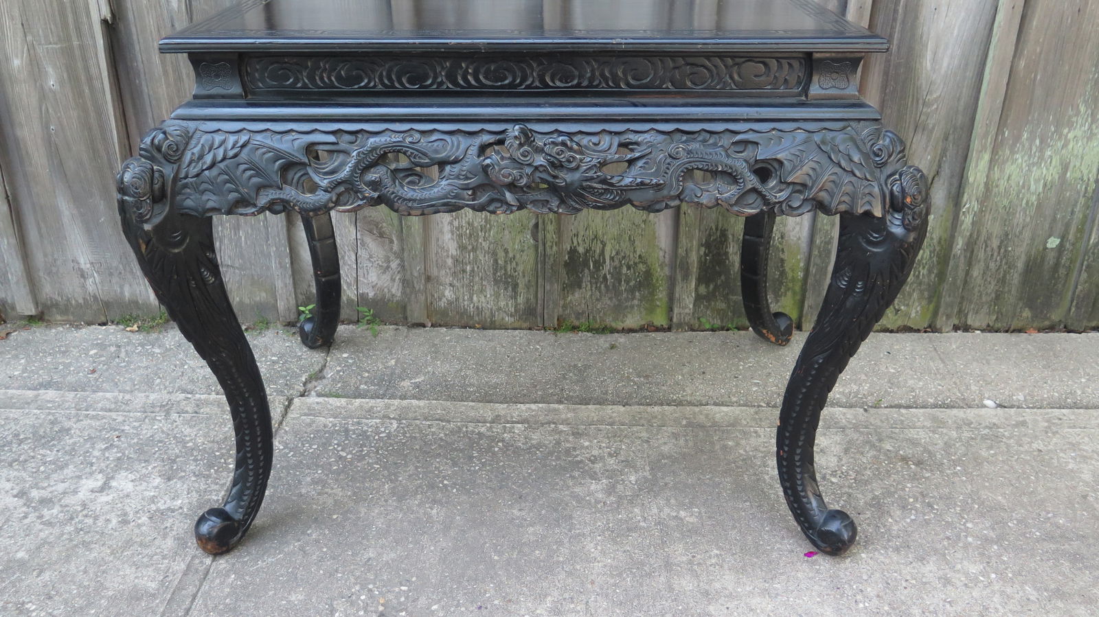 CARVED WOOD AND LACQUERED CHINESE TABLE W/DRAGON AND GREEK KEY MOTIF 30 X 42 30 (F70) (1 of 20)
