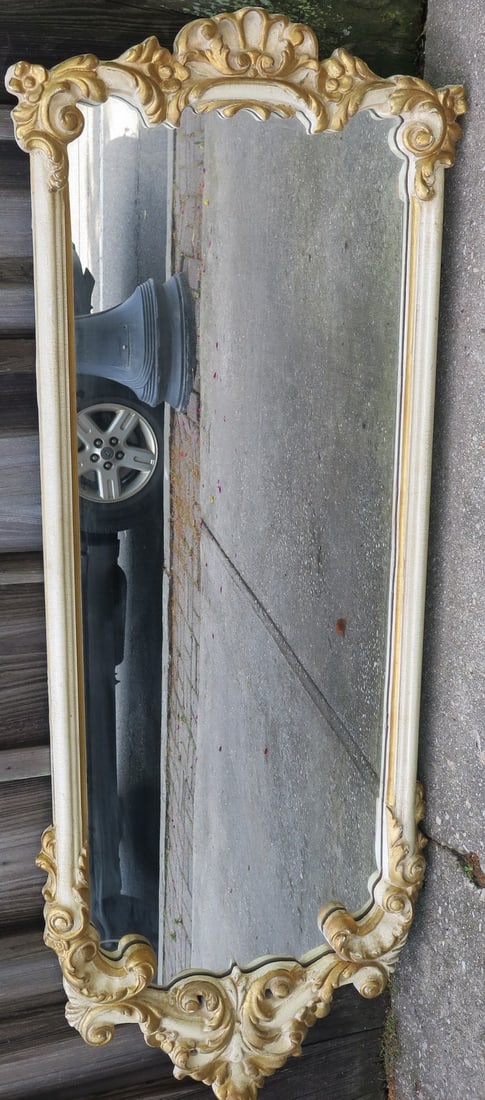 ESTATE OF DENNIS P. RODANO SR.: GILT AND PAINT DECORATED TALL RECTANGULAR MIRROR 64 1/2" X 25" (1 of 10)