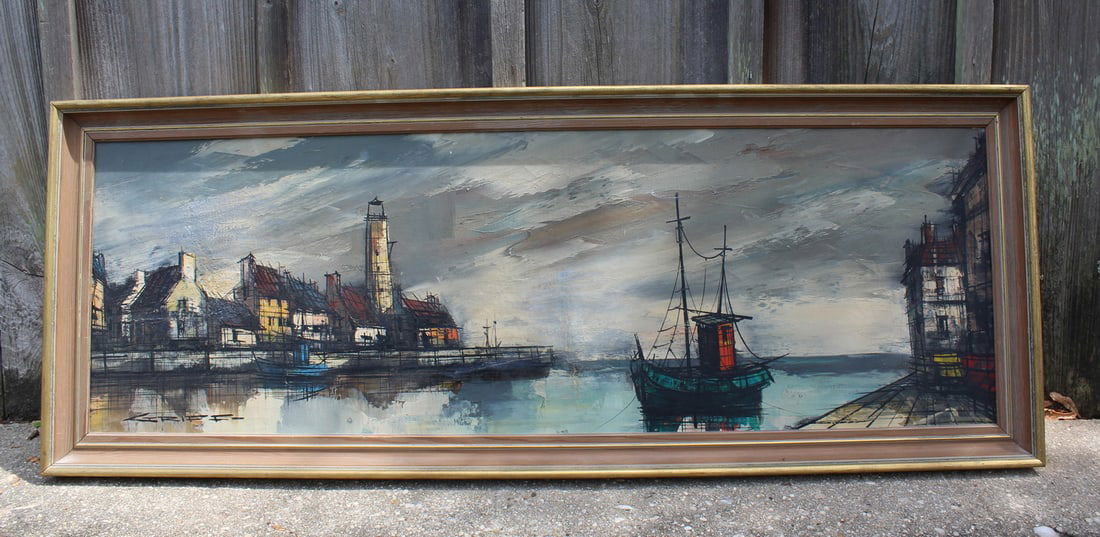 M. EDWARD GRIFF, HARBOR SCENE, OIL ON CANVAS, SIGNED, IMAGE: 14.5" X 45", FRAME: 18.5" X 49" (1 of 9)