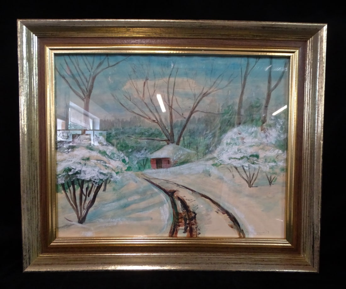 ESTATE OF DENNIS P. RODANO SR: GILT FRAMED WATERCOLOR AND PASTEL ON PAPER OF WINTER SCENE WITH CABIN (1 of 5)