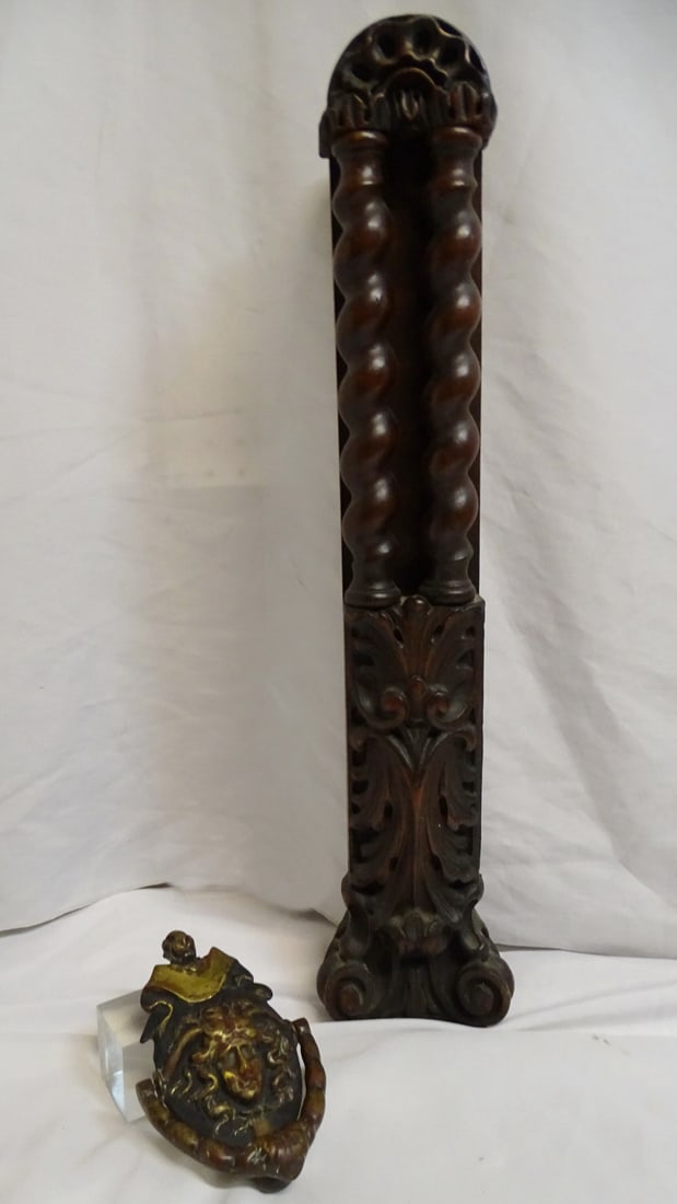 CARVED WOODEN ARCHITECTUAL FRAGMENT AND BRASS DOOR KNOCKER 26.5" X 15.5" X 11": CARVED WOODEN ARCHITECTUAL FRAGMENT AND BRASS DOOR KNOCKER 26.5" X 15.5" X 11"