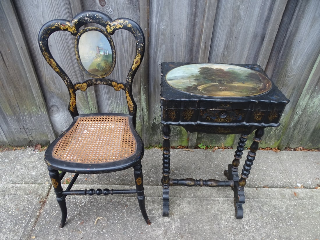 EBONZIED GILT AND PAINT DECORATED LADIES SEWING TABLE AND CHAIR (TABLE 27" X 16 3/4" X 12", CHAIR IS (1 of 20)
