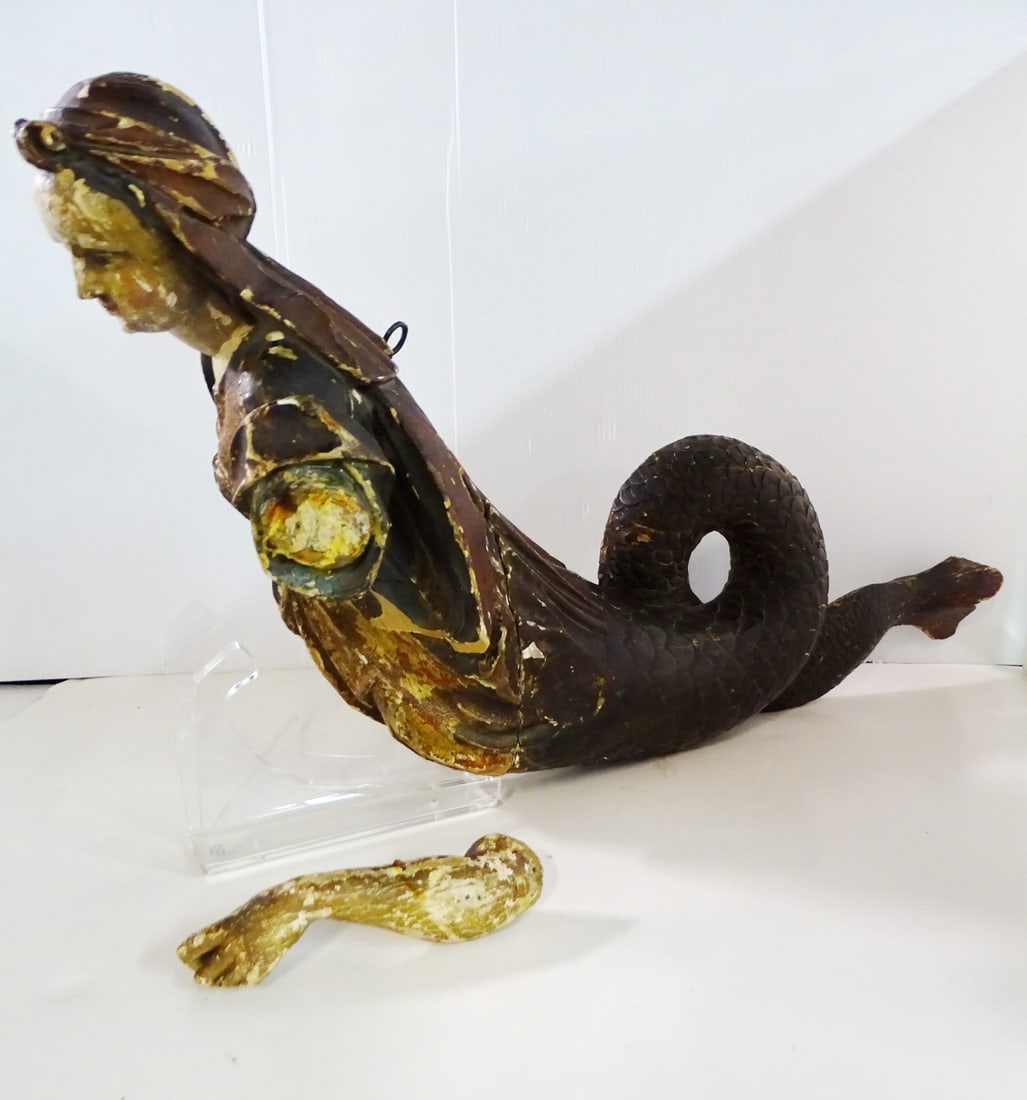 18TH CENTURY POLYCHROME AND GILT CARVED WOOD MERMAID 12 1/2" X 26" X 8": 18TH CENTURY POLYCHROME AND GILT CARVED WOOD MERMAID 12 1/2" X 26" X 8"