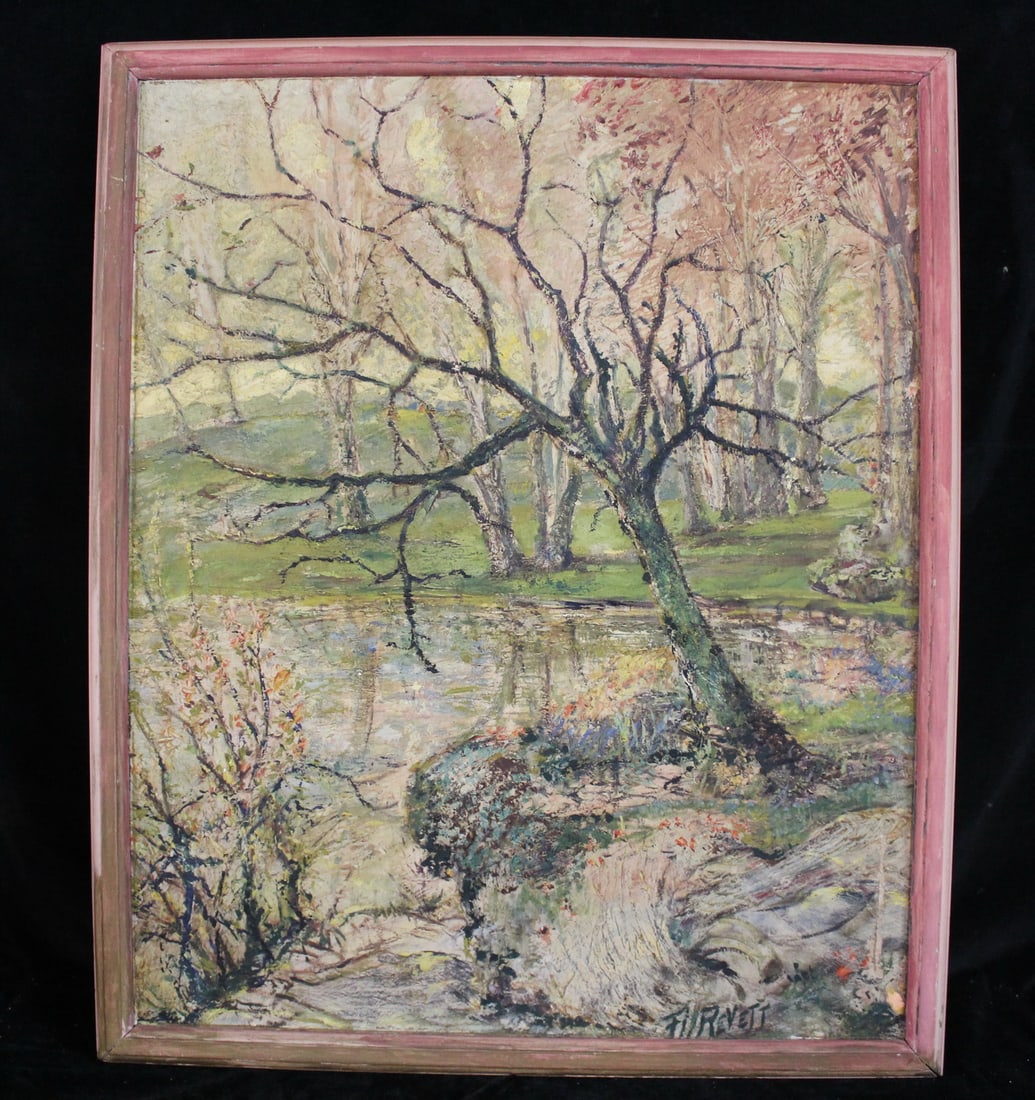 SIGNED IMPRESSIONIST FALL LANDSCAPE W/TREE, RIVER, MOUNTAINS OIL ON CANVAS 35 1/2" X 25"OVERALL (1 of 11)