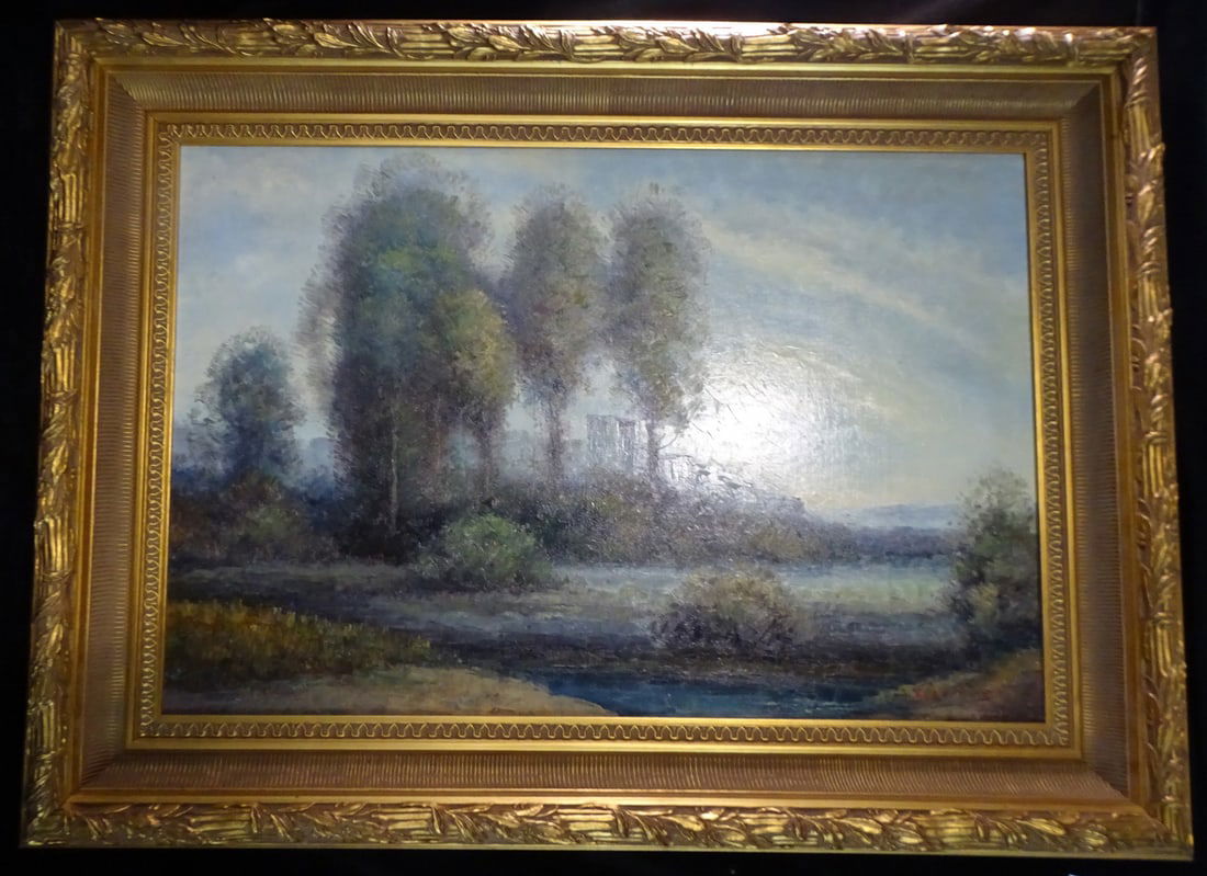 L. VERNON, LANDSCAPE W/GROVE OF TREES IN GILT FRAME, OIL ON BOARD, SIGNED L.R., IMAGE: 23.25" X (1 of 7)