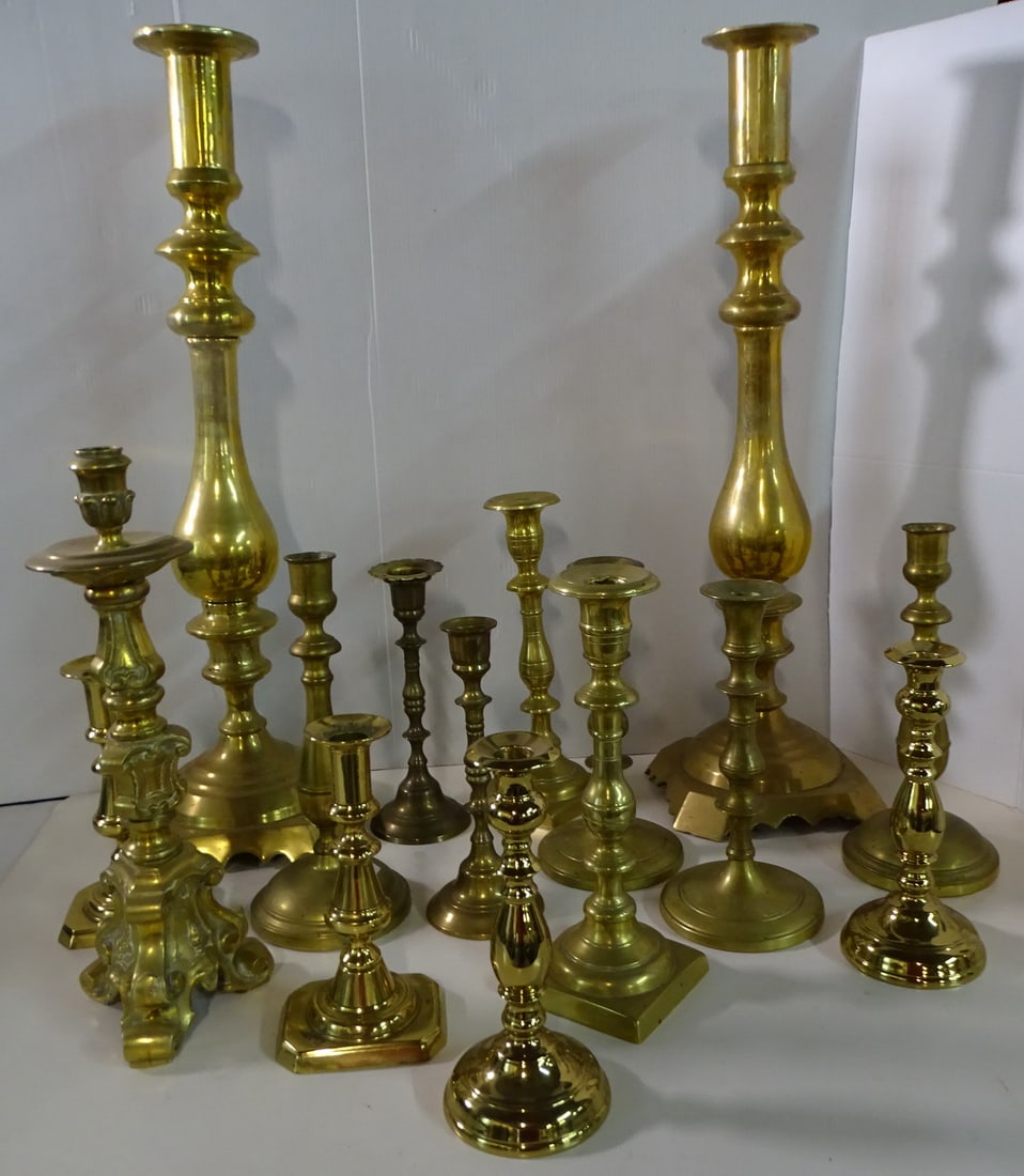 LOT OF BRASS CANDLESTICKS 24" TALLEST, 15 PCS. TOTAL (1 of 8)
