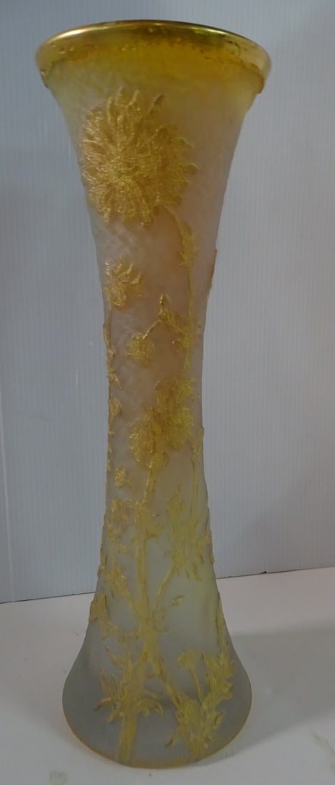 DAUM NANCY VASE DRILLED FOR LAMP, 13.5 X 4 DIA.: DAUM NANCY VASE DRILLED FOR LAMP, 13.5 X 4 DIA.