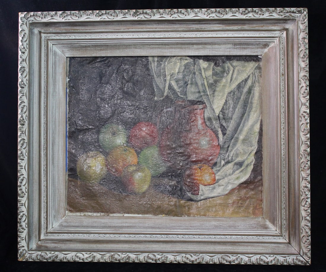 OIL ON CANVAS WITH FRUIT, PITCHER, AND DRAPED FABRIC IN ORNATE FRAME, SIGNED FOLEY, 17.5 X 21.5: OIL ON CANVAS WITH FRUIT, PITCHER, AND DRAPED FABRIC IN ORNATE FRAME, SIGNED FOLEY, 17.5 X 21.5 IMAGE, 27 X 31 OVERALL