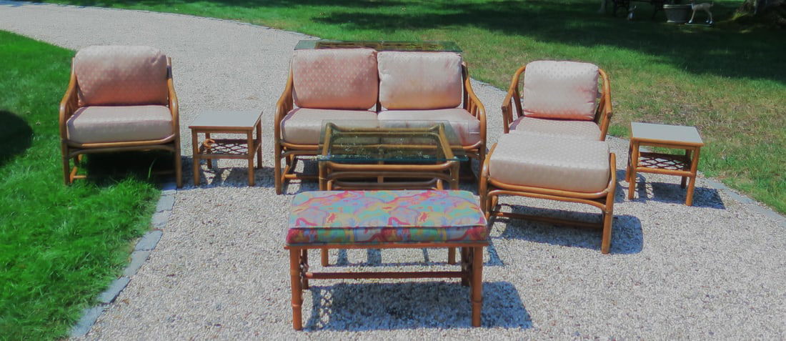 ESTATE OF DENNIS P. RODANO SR.: 9 PIECE BAMBOO AND RATTAN SUNROOM/LANAI FURNITURE SET 29"H X 51"W X (1 of 17)