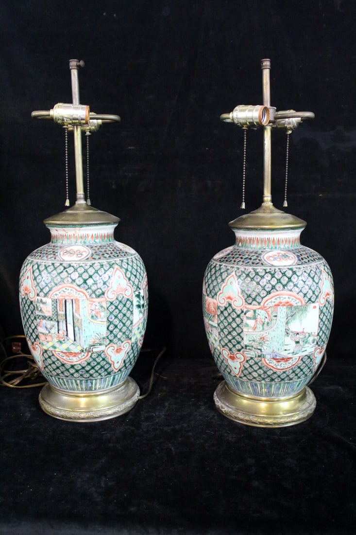 PAIR OF CHINESE PORCELAIN GINGER JAR LAMPS IN GREEN WITH VARIOUS SCENES, 25 X 9 (1 of 10)