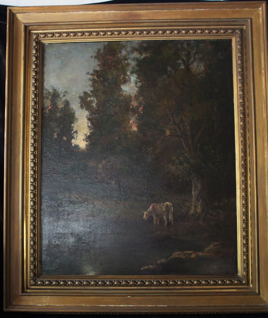 ESTATE OF DENNIS P. RODANO SR.: GILT FRAMED OIL ON BOARD LANDSCAPE WITH COW 47" X 40.5" OVERALL (1 of 11)