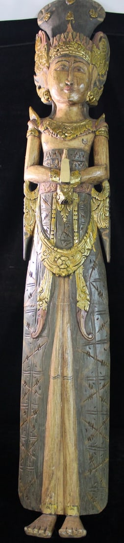 CARVED WOOD INDONESIAN THEPANUM BUDDHIST HANGING STATUE, 52 X 9 X 7.5: CARVED WOOD INDONESIAN THEPANUM BUDDHIST HANGING STATUE, 52 X 9 X 7.5