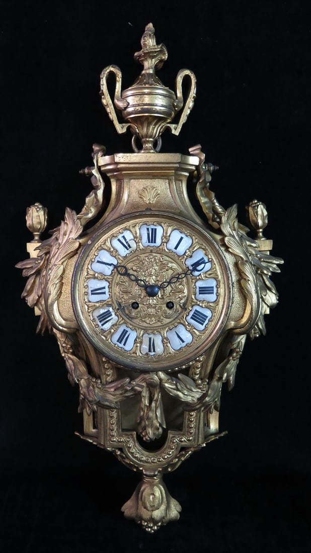 FRENCH? BRONZE CARTEL CLOCK WITH ACANTHUS LEAF MOTIF, URN FINIAL, AND PORCELAIN NUMERALS, 20.5"H (1 of 14)