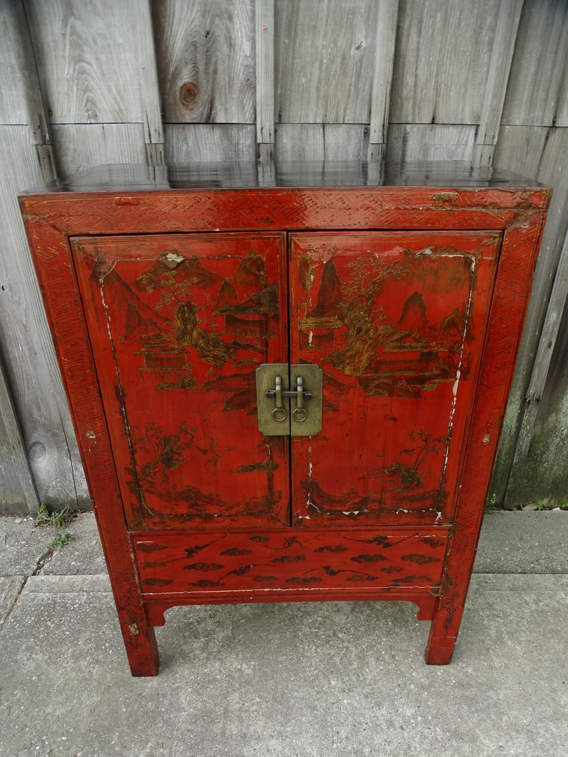 ANTIQUE CHINESE RED LACQUER CHINOISERIE CABINET 49.5" X 34.5" X 18.5" (1 of 20)