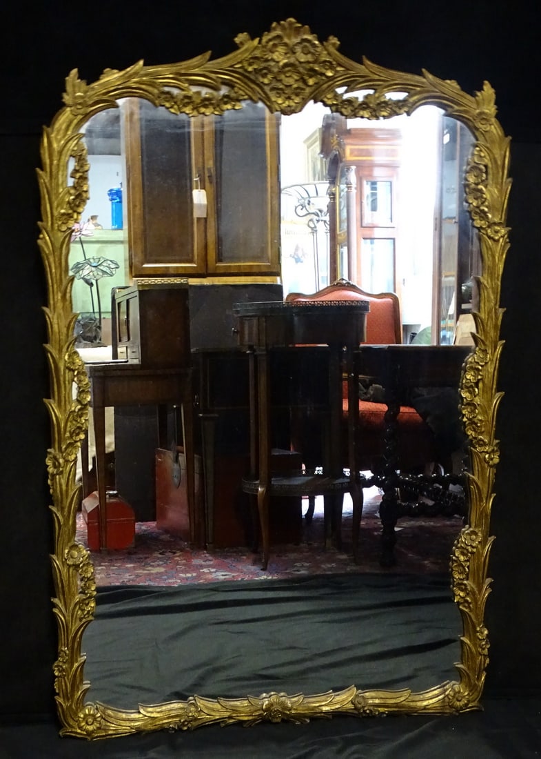 ANTIQUE FRENCH CARVED GILT WOOD MIRROR WITH FLORAL AND LEAF DETAIL  51 1/2" X 34 1/4" (1 of 15)