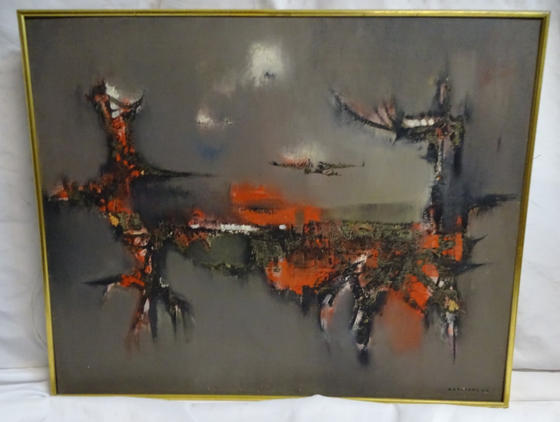 ABSTRACT OIL ON CANVAS IN GREYS AND REDS, SIGNED RAPOPORT 26.25" X 32.25 (1 of 10)