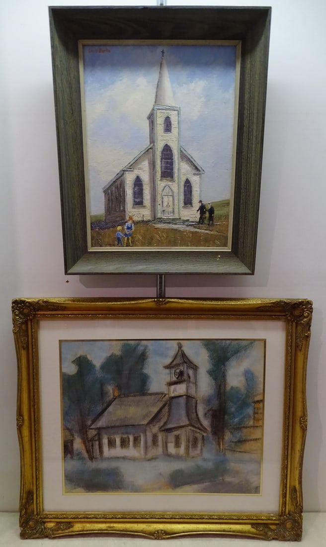 2 CHURCH THEMED WORKS INC. LOUIS H. BURKE OIL ON BOARD "BODEGA CHAPEL" & GILT FRAMED PASTELS (1 of 15)