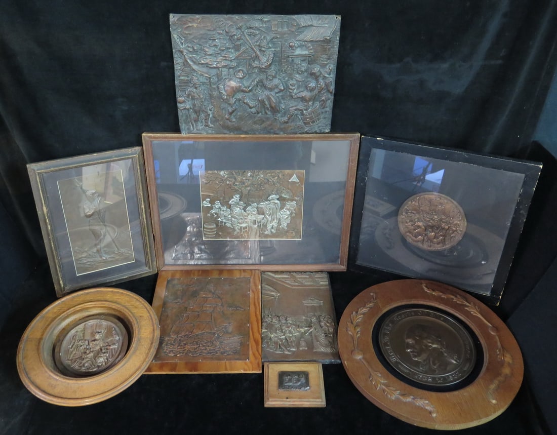 MIXED LOT OF COPPER AND BRONZE PLAQUES INC. PUB SCENES AND GEO. WASHINGTON, SOME W SILVER OVERLAY, (1 of 12)