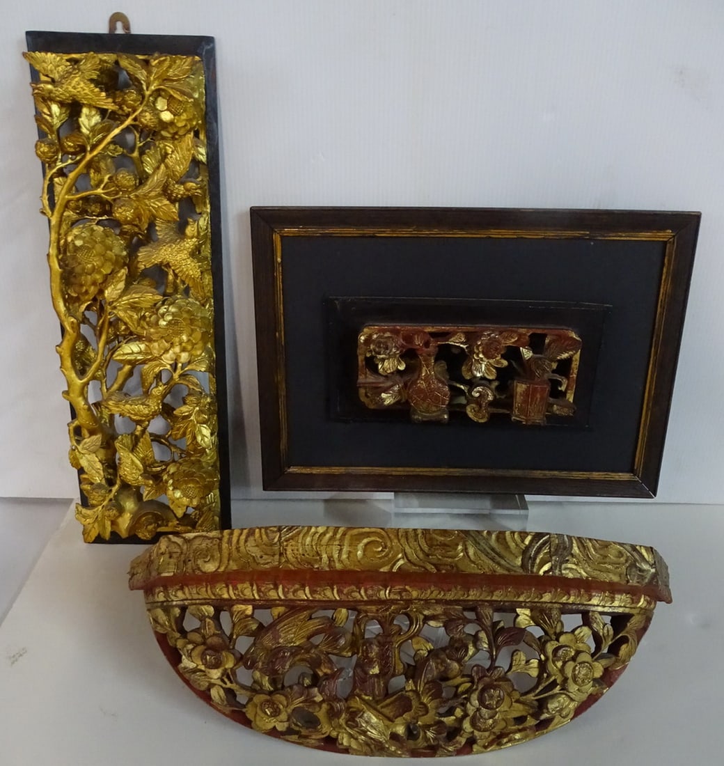 GROUP OF 3 CARVED GILT WOOD AND RED LACQUER ASIAN PANELS INC. (1) SHELF 17 3/4" X 5 1/2" TALLEST (1 of 19)