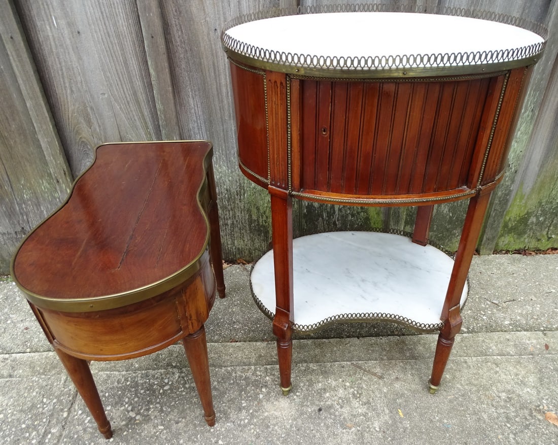 2 BRASS MOUNTED ANTIQUE COMMODES, (1) TWO TIER MARBLE TOP, (1) FRENCH KEYHOLE SHAPE, LARGEST- 29.5" (1 of 20)