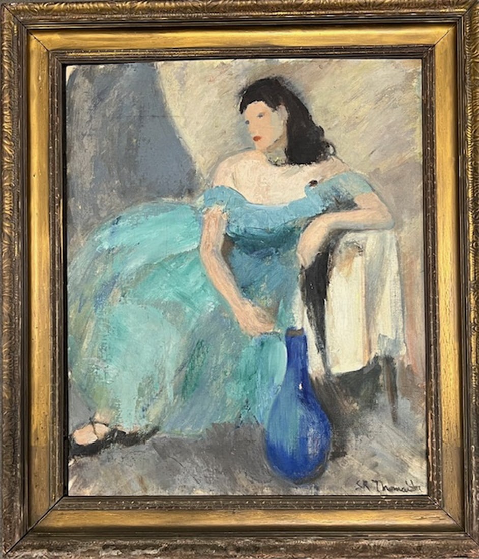 IMPRESSIONIST WOMAN IN TURQUOISE DRESS, OIL ON BOARD SIGNED BY SISTER MARY THOMASITA, OVERALL- 30" X (1 of 9)