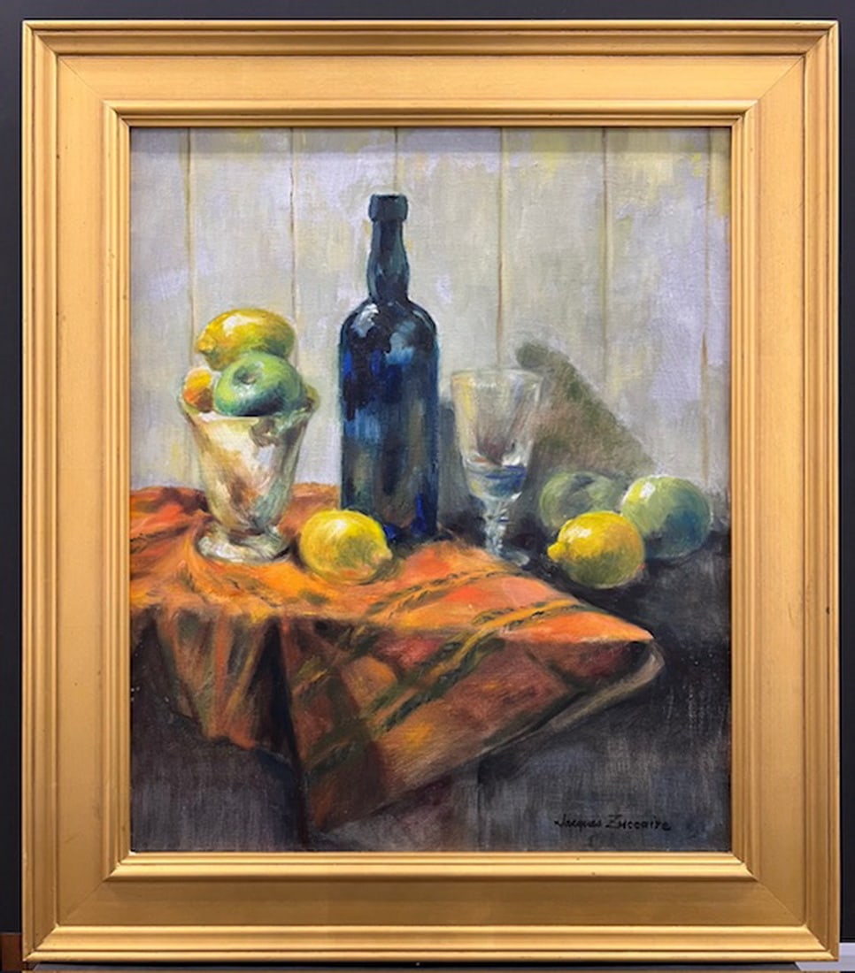 IMPRESSIONIST STILL LIFE WITH LEMONS OIL ON CANVAS BY JACQUES ZUCCAIRE, OVERALL- 26" X 30", IMAGE-: IMPRESSIONIST STILL LIFE WITH LEMONS OIL ON CANVAS BY JACQUES ZUCCAIRE, OVERALL- 26" X 30", IMAGE- 20" X 25" (LOCATED OFF SITE IN GREAT NECK)