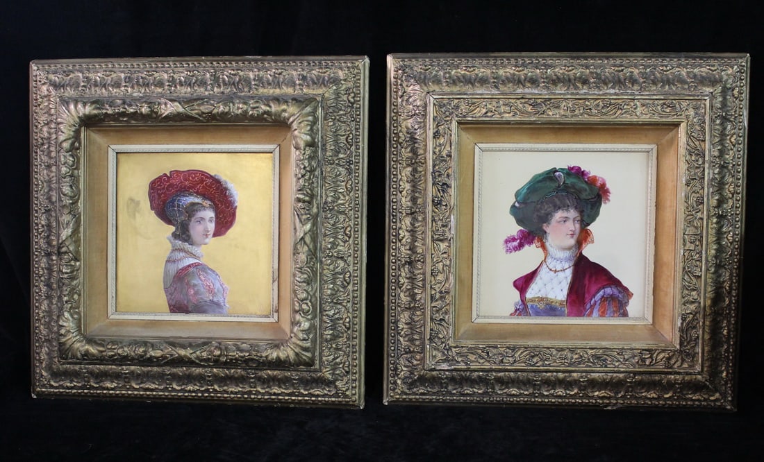16TH CENTURY STYLE TWO LADIES ON TILE, SIGNED R.FUCHS, IN ORNATE GILDED FRAMES 17" X 16 1/2" OVERALL (1 of 16)