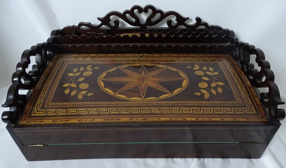 19TH CENTURY MARQUETRY INLAID LAP DESK( SOME LOSSES) 7" X 18" X 12" (1 of 13)