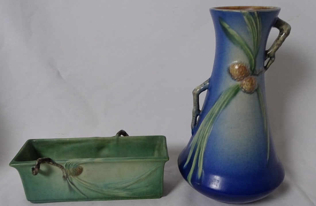 ROSEVILLE BLUE PINECONE VASE AND GREEN PINECONE PLANTER (RESTORATION TO PLANTER) TALLEST- 12" (1 of 18)