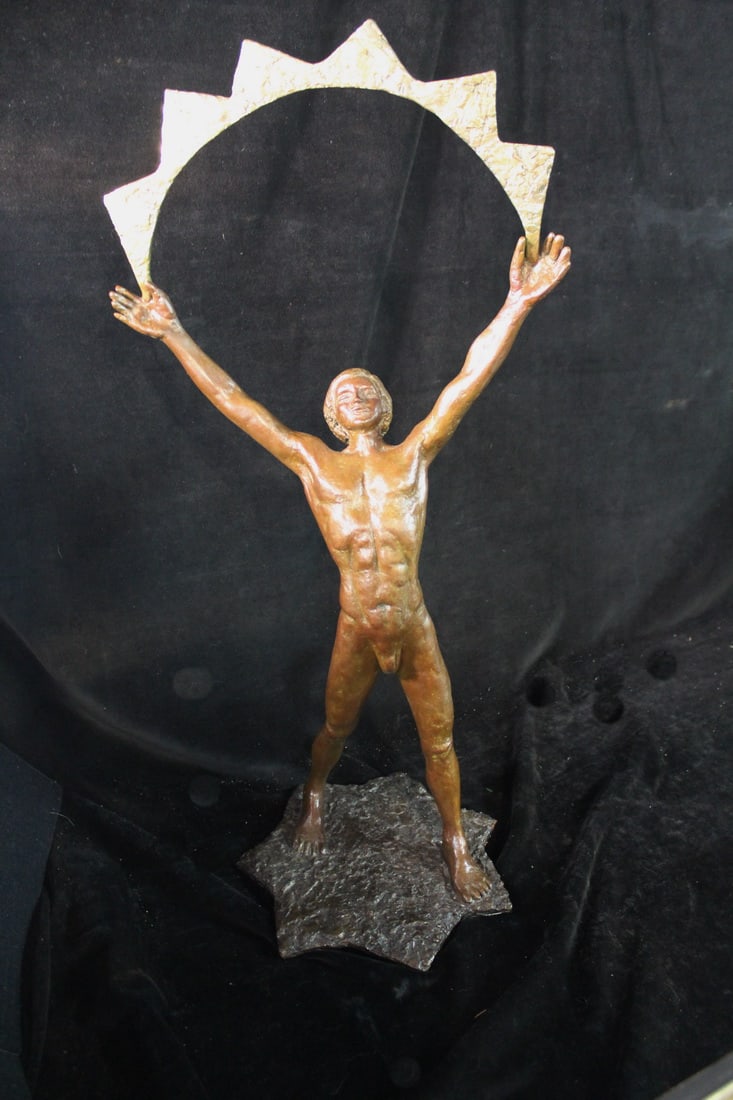 RISING SUN" BRONZE, NO FOUNDRY MARK, NUDE MALE W/GILDED SUNRAY ARCH 26" X 13" X 10: RISING SUN" BRONZE, NO FOUNDRY MARK, NUDE MALE W/GILDED SUNRAY ARCH 26" X 13" X 10