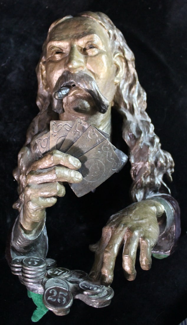 MARK HOPKINS (AMERICAN 20TH/21ST CENTURY) BRONZE 'WILD BILL HICKOCK', 'ACES AND EIGHTS' 1953 17" X (1 of 9)