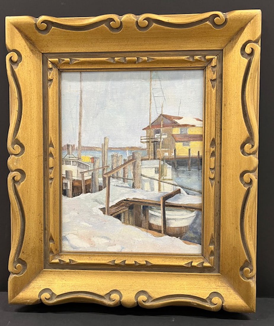 VINTAGE IMPRESSIONIST OIL ON BOARD OF MAINE SEASCAPE "EARLY SNOW" DOCK WITH TUG BOAT, OVERALL- 18" X (1 of 5)